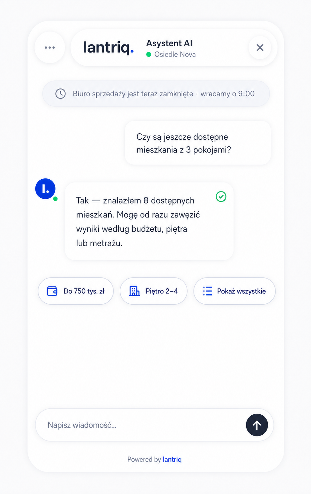 Widget lantriq odpowiadający klientowi poza godzinami pracy biura sprzedaży