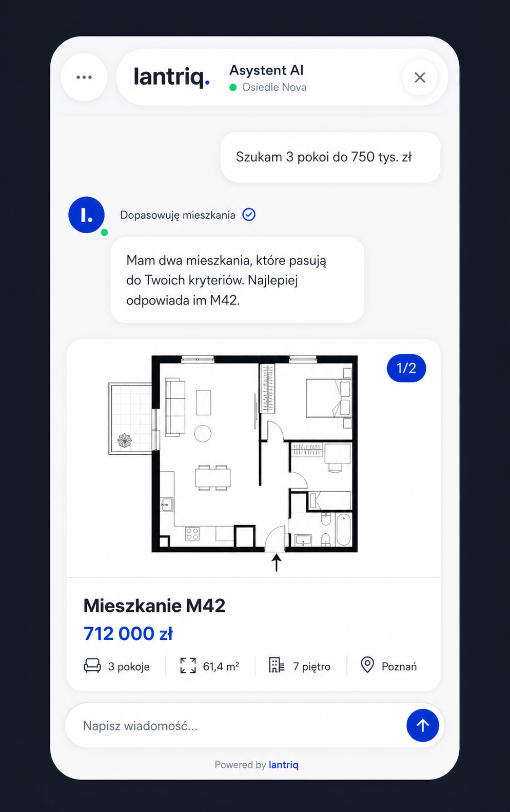 Widget lantriq pokazujący rozmowę z klientem i dopasowane mieszkanie