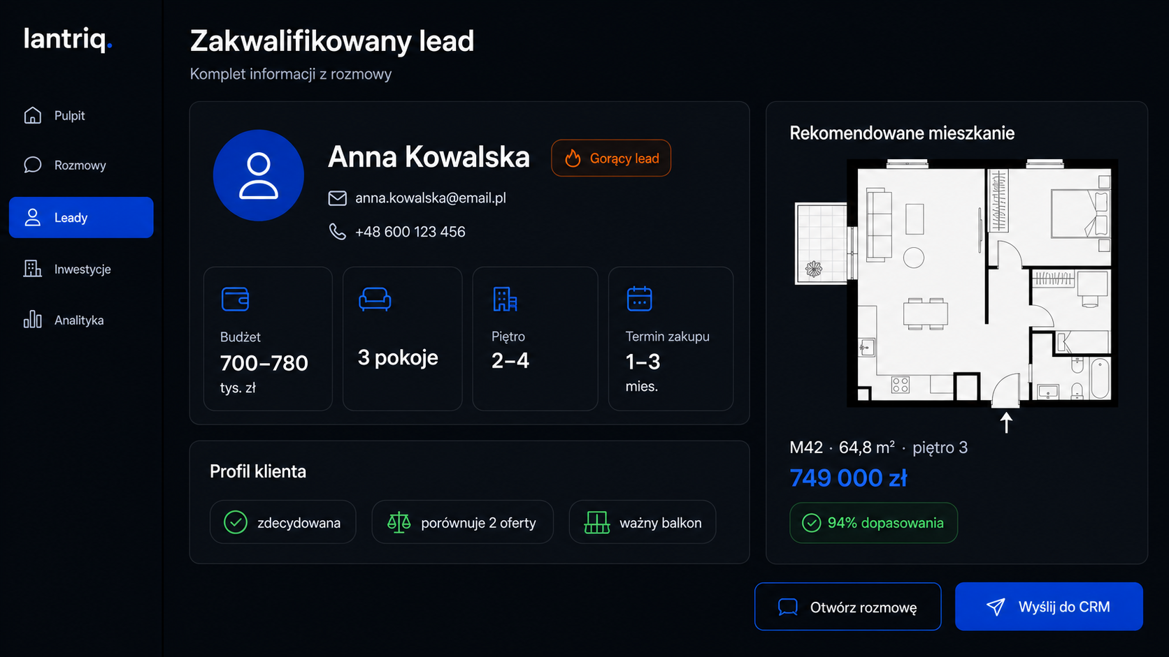 Panel lantriq z zakwalifikowanym leadem i przekazaniem kontaktu do CRM